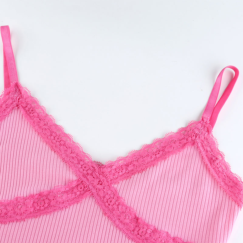 Cute Sexy Lace Patchwork Camisole Spaghetti Strap Crop Top Shirt Tee T-shirt E-Girl Kawaii Korean Japanese Harajuku Chinese Retro Streetwear Aesthetic