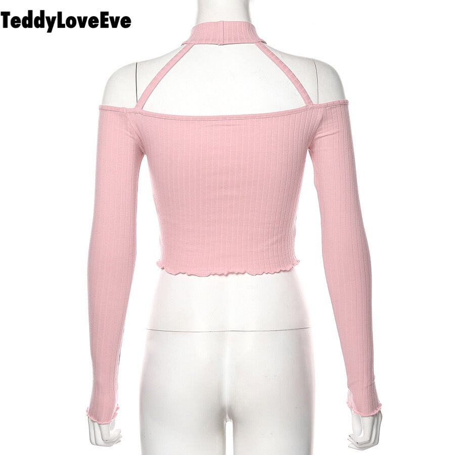 Cute Pink Strapless Ruffle Crop Top Causal Slim Long Sleeve Shirt T-shirt Top Tee E-Girl Kawaii Korean Japanese Harajuku Streetwear