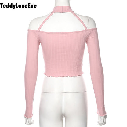 Cute Pink Strapless Ruffle Crop Top Causal Slim Long Sleeve Shirt T-shirt Top Tee E-Girl Kawaii Korean Japanese Harajuku Streetwear