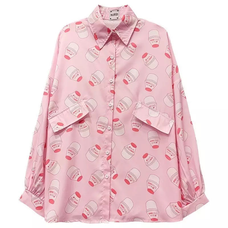 Cute Pastel Pink Strawberry Milk Yogurt Drink Blouse Long Sleeve Shirt Button Up Top Summer Casual E-Girl Kawaii Korean Japanese Harajuku Streetwear