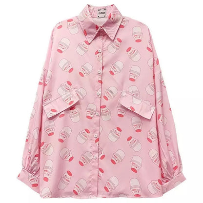 Cute Pastel Pink Strawberry Milk Yogurt Drink Blouse Long Sleeve Shirt Button Up Top Summer Casual E-Girl Kawaii Korean Japanese Harajuku Streetwear