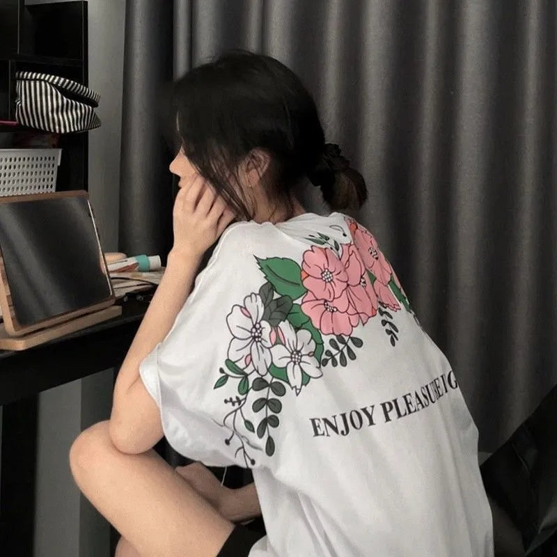 Flower Print Loose Short Sleeve T-shirt