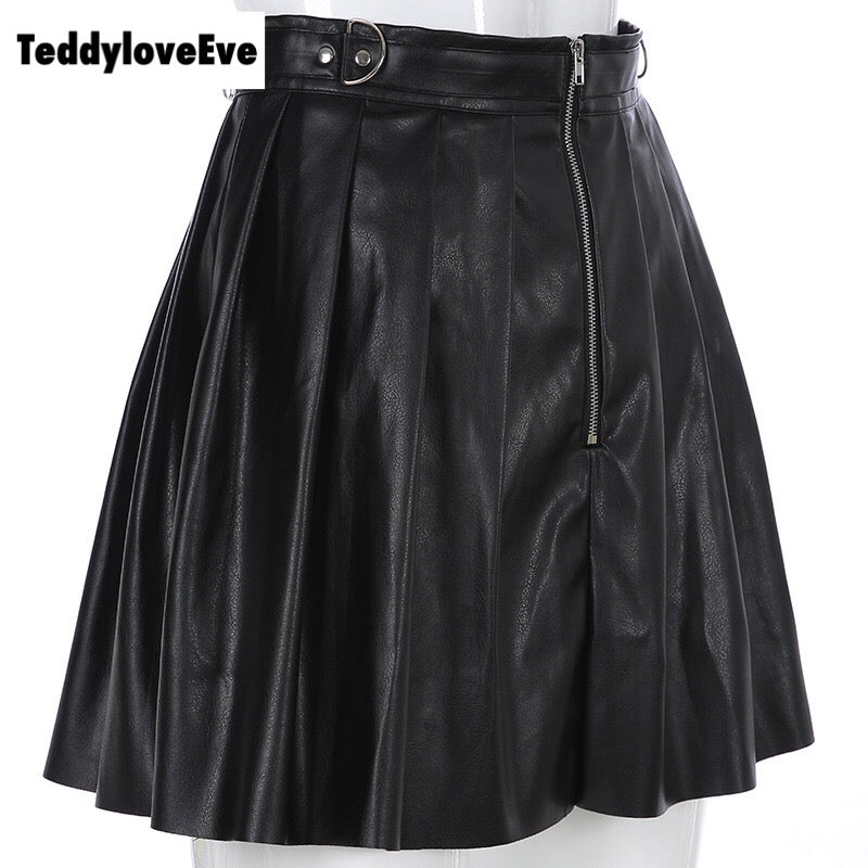 Sexy Black Goth Grunge Punk Summer Zipper Rivet Pleated PU Skirt Metal Ring Hallow Out E-Girl Kawaii Korean Japanese Harajuku Streetwear