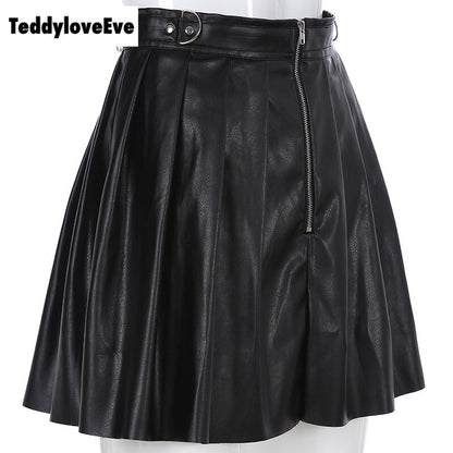 Sexy Black Goth Grunge Punk Summer Zipper Rivet Pleated PU Skirt Metal Ring Hallow Out E-Girl Kawaii Korean Japanese Harajuku Streetwear