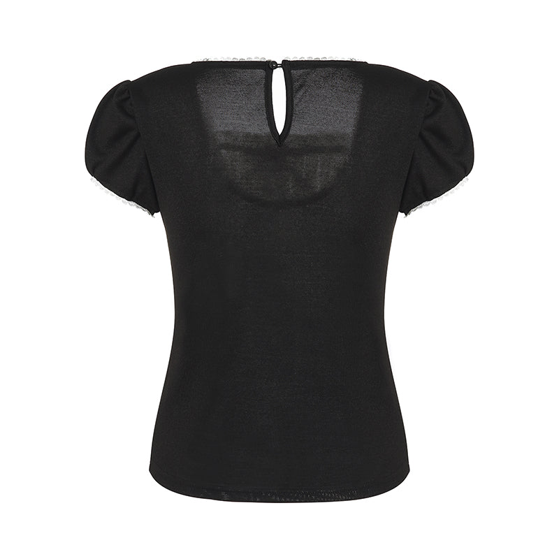 Vintage Bow Ruffle Patchwork Short Sleeve Shirt