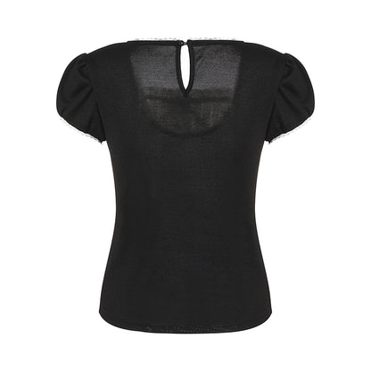 Vintage Bow Ruffle Patchwork Short Sleeve Shirt