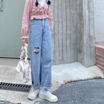 Heart Cut Out Buckle Light Blue Jeans