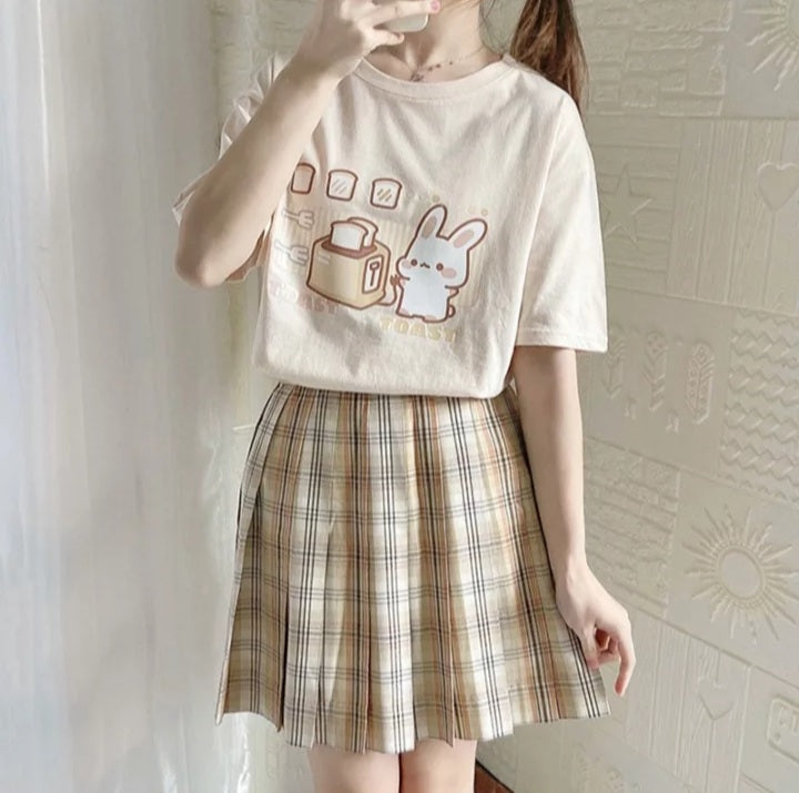 Cute Bunny And Toast Bread Graphic Cartoon Print Loose Short Sleeve T-shirt Aesthetic Casual Summer E-Girl Kawaii Korean Japanese Harajuku