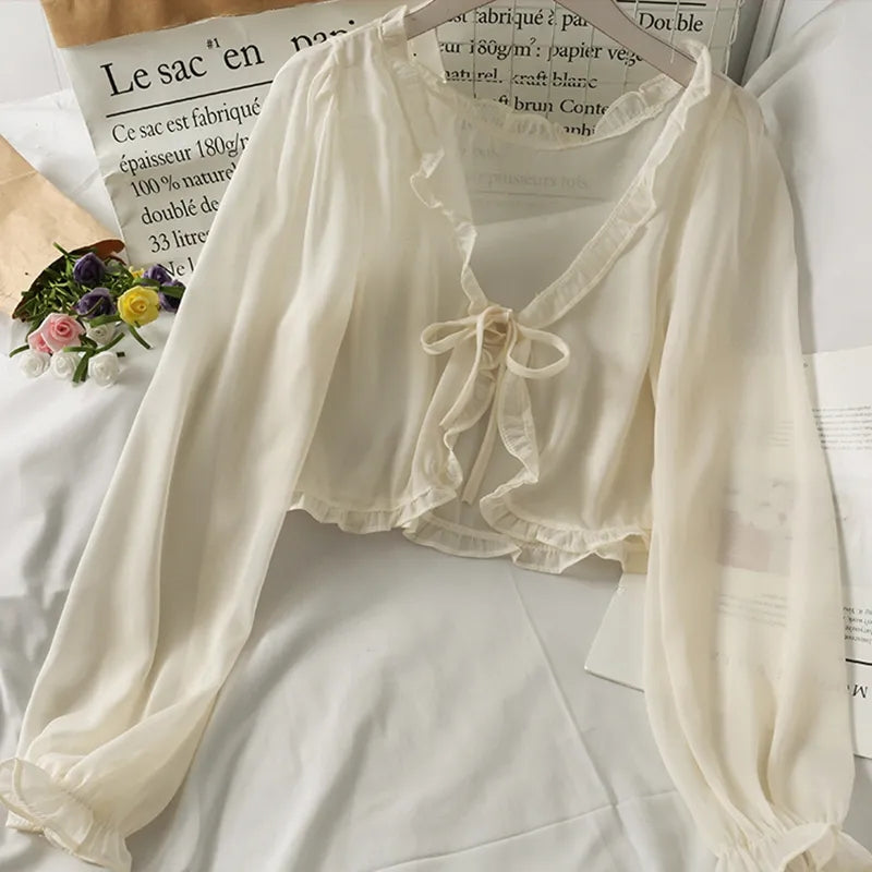 Thin Sheer Bow Long Sleeve Cardigan