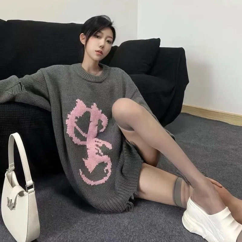 Grey Y2K Oversized Sweater