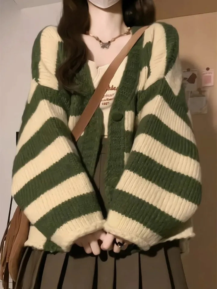 Green Stripe Loose Cardigan