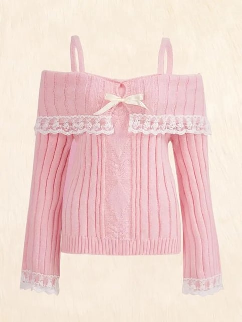 Pink Off Shoulder Bow Lace Sweater