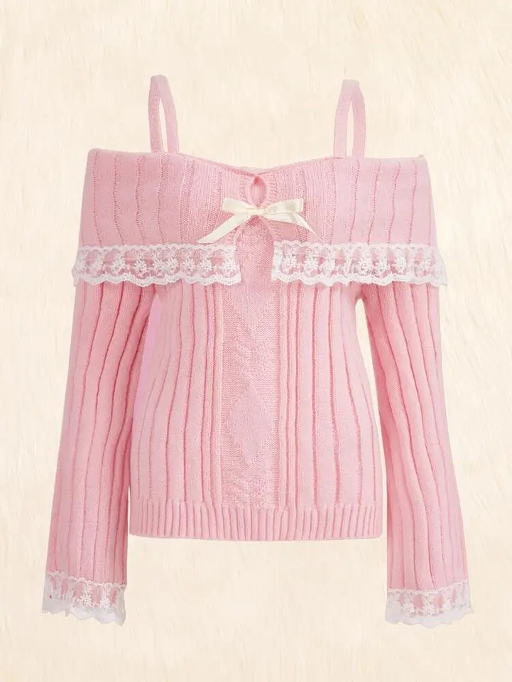 Pink Off Shoulder Bow Lace Sweater
