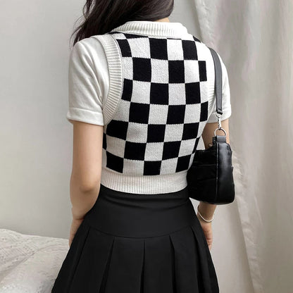 Cute Preppy Argyle Plaid Sweater Vest Sleeveless Knit Crop Top V Neck Shirt Aesthetic Casual Summer E-Girl Kawaii Korean Japanese Harajuku