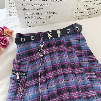 Cute Vintage Plaid Belt Chain High Waisted Mini Skirt School Uniform Tennis A-line Goth Punk Club E-Girl Kawaii Korean Japanese Harajuku Streetwear