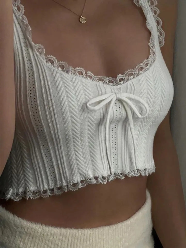 Lace Patchwork Bow Tank Top