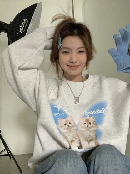 Cat Print Long Sleeve Sweatshirt
