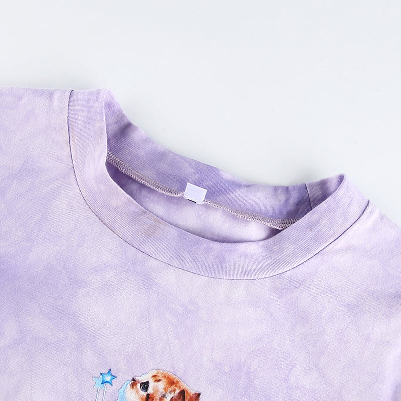 Cute Cat Butterfly Print Purple Sexy Crop Top Tank Short Sleeve Shirt Tee T-shirt Summer Casual E-Girl Kawaii Korean Japanese Harajuku Streetwear