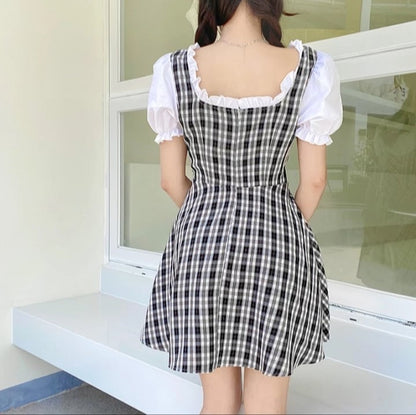Cute Sweet Plaid Patchwork Lace Up Corset Ruffle Mini A-line Dress Summer Aesthetic Casual E-Girl Kawaii Korean Japanese Harajuku