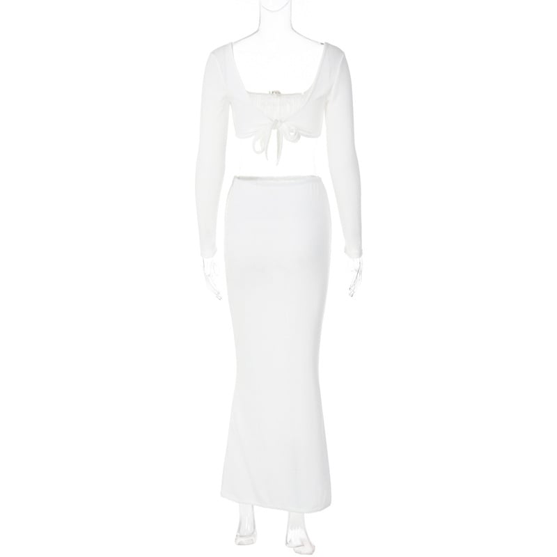 2PCS White Rose Long Sleeve Crop Top + Maxi Skirt