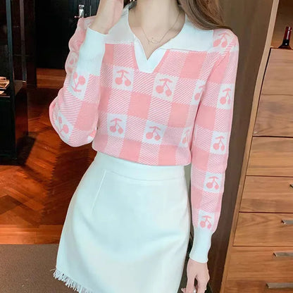 Cherry Plaid Polo Collar Sweater