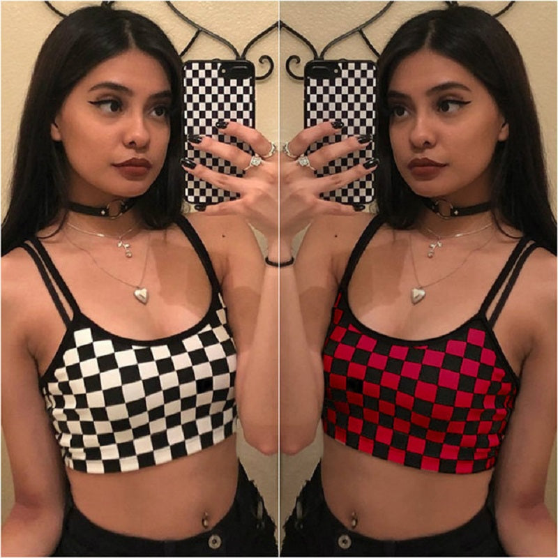 Cute Sexy Black White Checkered Plaid Tank Cami Crop Top Shirt Tee T-shirt E-Girl Kawaii Korean Japanese Harajuku Chinese Retro Streetwear Aesthetic