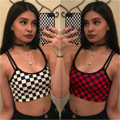 Cute Sexy Black White Checkered Plaid Tank Cami Crop Top Shirt Tee T-shirt E-Girl Kawaii Korean Japanese Harajuku Chinese Retro Streetwear Aesthetic