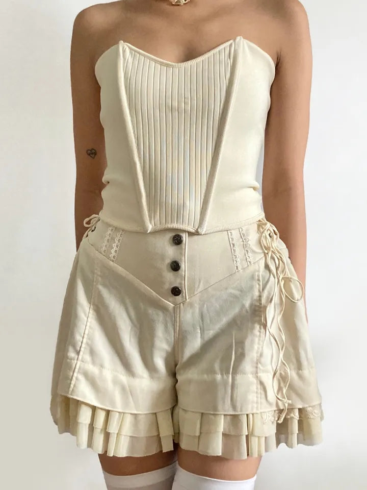 Beige Coquette Patchwork Tie Up High Waist Shorts