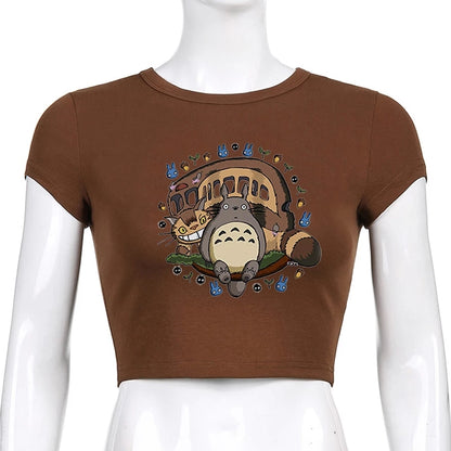 Brown Japanese Anime Cartoon Print Crop Top