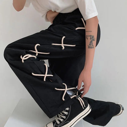 Black Lace Up Wide Leg Trousers
