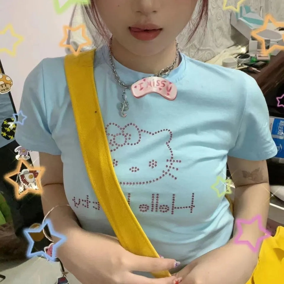 Japanese Cat Rhinestone Crop Top