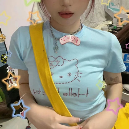 Japanese Cat Rhinestone Crop Top