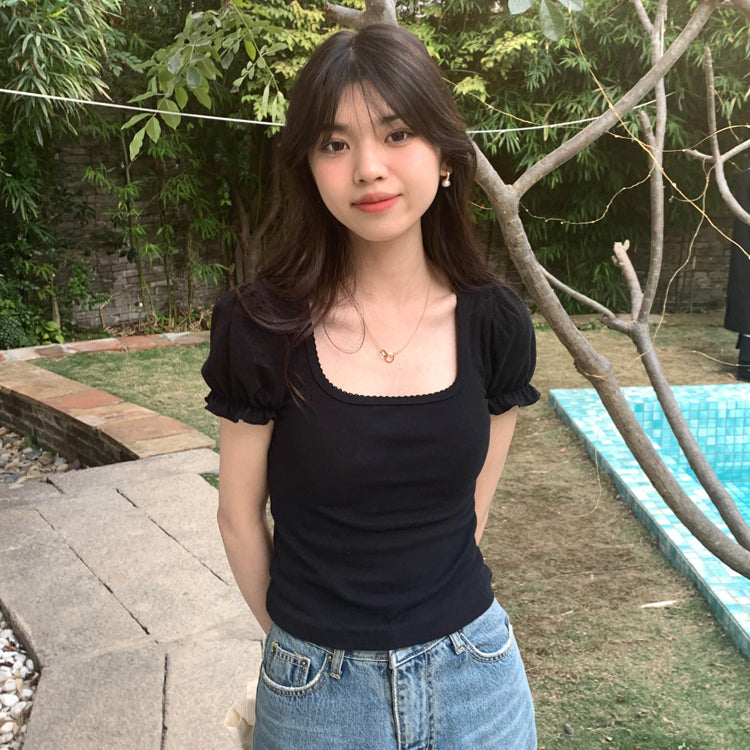 Black Puff Sleeve Square Collar Top