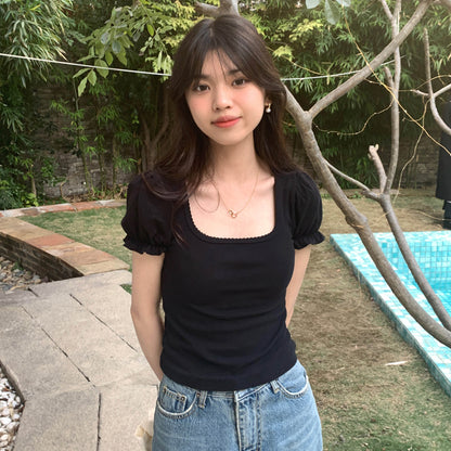 Black Puff Sleeve Square Collar Top