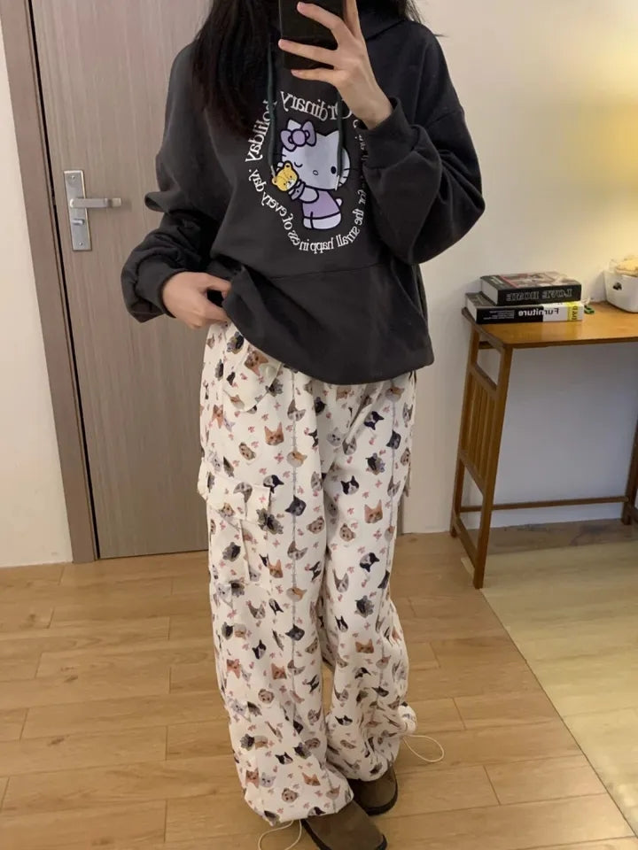 Cat Dog Animal Print Wide Leg Cargo Pants
