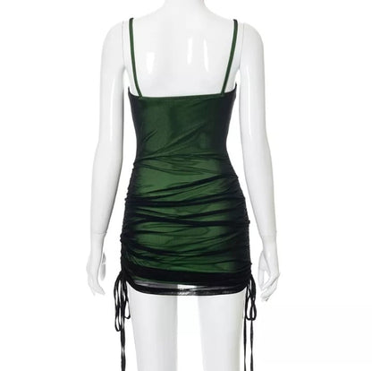 Cute Sexy Green Black Mesh Patchwork Bodycon Lace Up Mini Dress Summer Aesthetic Casual E-Girl Kawaii Korean Japanese Harajuku