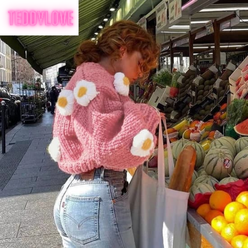 Cute Pink Daisy Flower Knit Crochet Loose Cardigan Long Sleeve V Neck Sweater Aesthetic E-Girl Kawaii Korean Japanese Harajuku