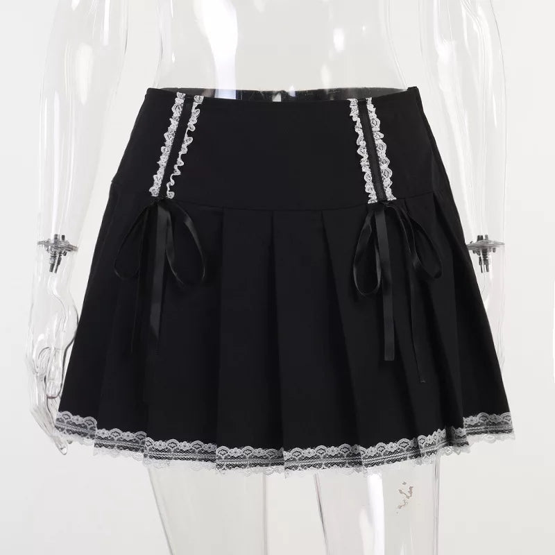 Cute Vintage Lace Bandage A-line High Waist Mini Skirt Punk Goth Summer Aesthetic Casual E-Girl Kawaii Korean Japanese Harajuku