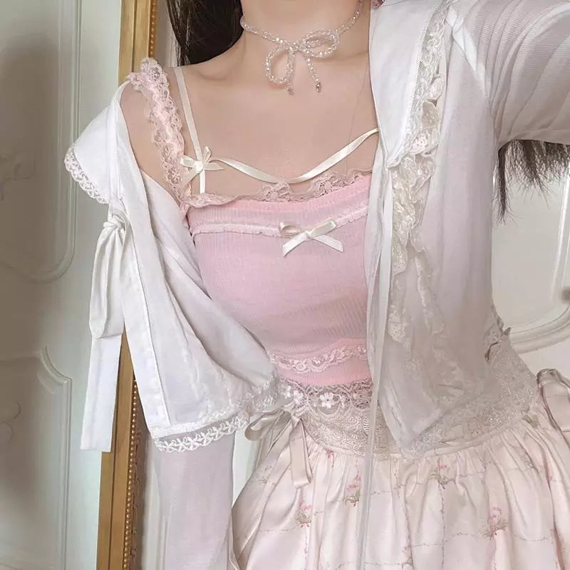 Cute Sweet Lace Bow Sling Crop Top Sleeveless Shirt 90S Summer Aesthetic Casual E-Girl Kawaii Korean Japanese Harajuku