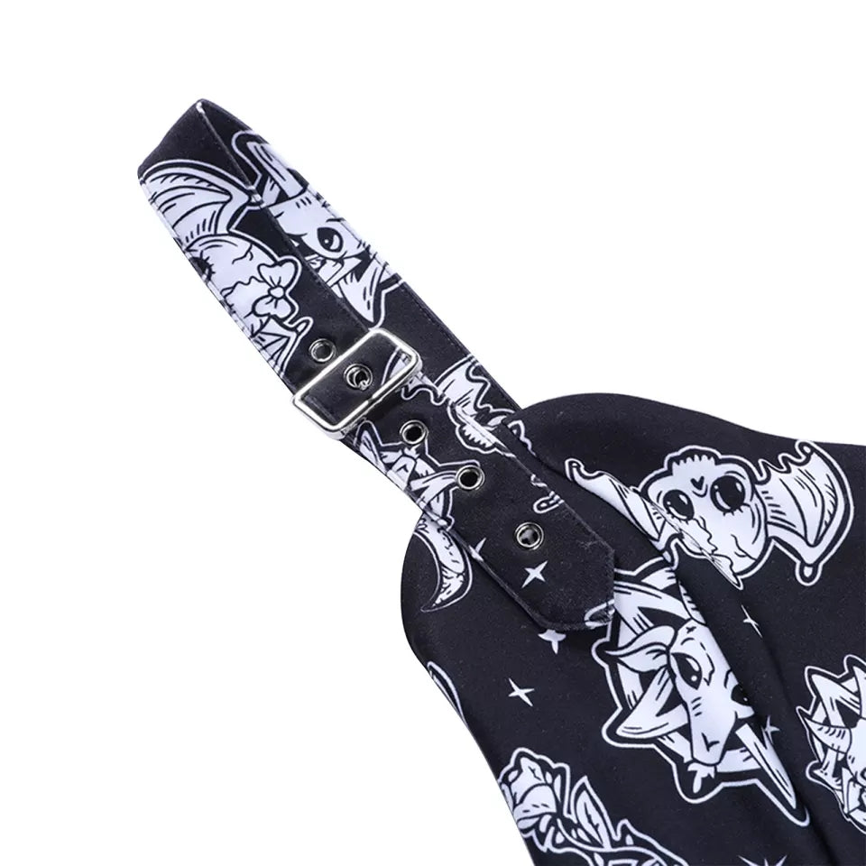 Cute Black Goth Skull Bat Goat Print Zipper Front Camisole Crop Top Tank Summer Aesthetic Casual E-Girl Kawaii Korean Japanese Harajuku