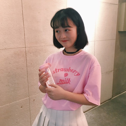 Cute Pastel Pink Strawberry Milk Causal Letter Print Short Sleeve T-shirt Top Tee Shirt E-Girl Kawaii Korean Japanese Harajuku Streetwear