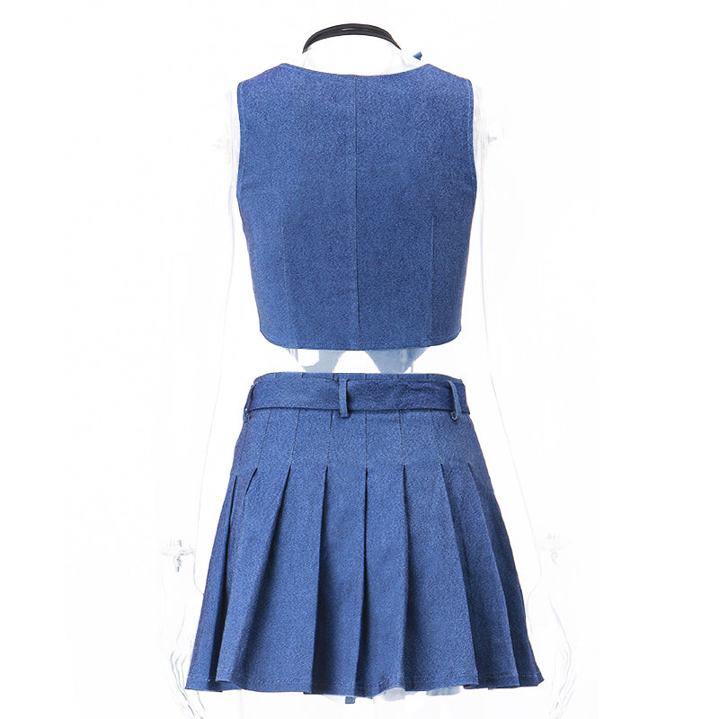 Blue Denim Button Vest + Pleated Mini Skirt