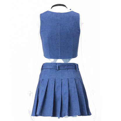 Blue Denim Button Vest + Pleated Mini Skirt