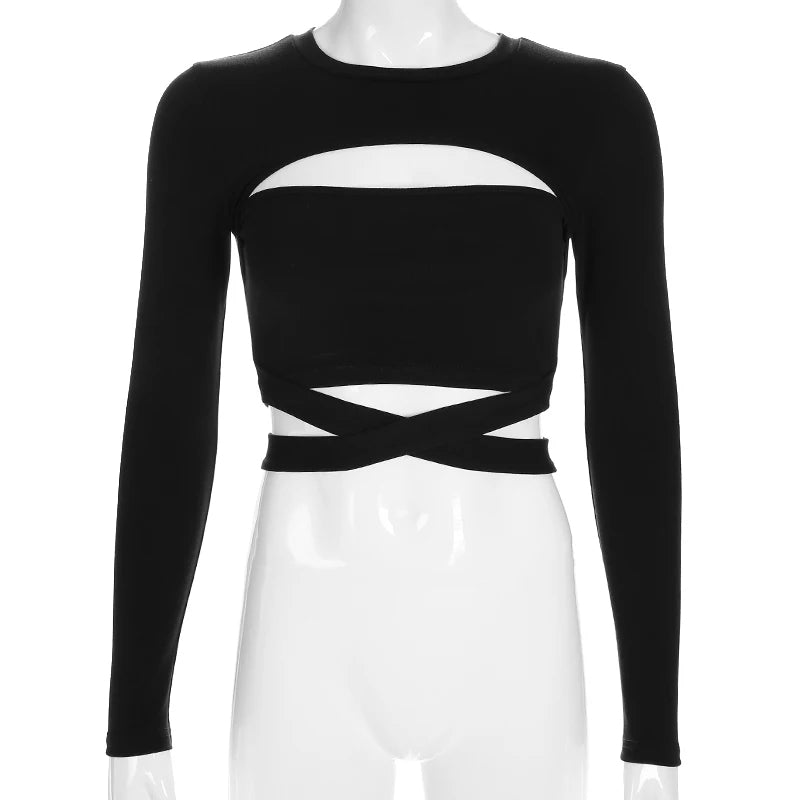 Cute Black Criss Cross Bandage Hallow Out Long Sleeve T-shirt Crop Top Summer Aesthetic Casual E-Girl Kawaii Korean Japanese Harajuku