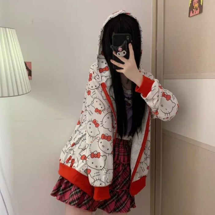 Cute Kitty Cat Cartoon Print Oversized Zipper Hoodie Sweatshirt Long Sleeve Pullover Aesthetic Casual Summer E-Girl Kawaii Korean Japanese Harajuku