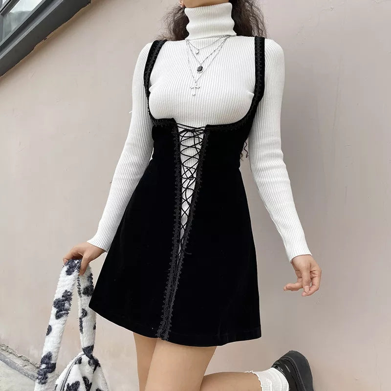 Sweet Velvet Corset Tie Up Mini Dress Summer Aesthetic Casual E-Girl Kawaii Korean Japanese Harajuku