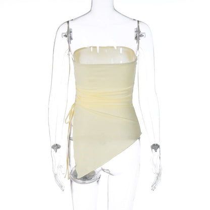 Beige Drawstring Strapless Tube Top