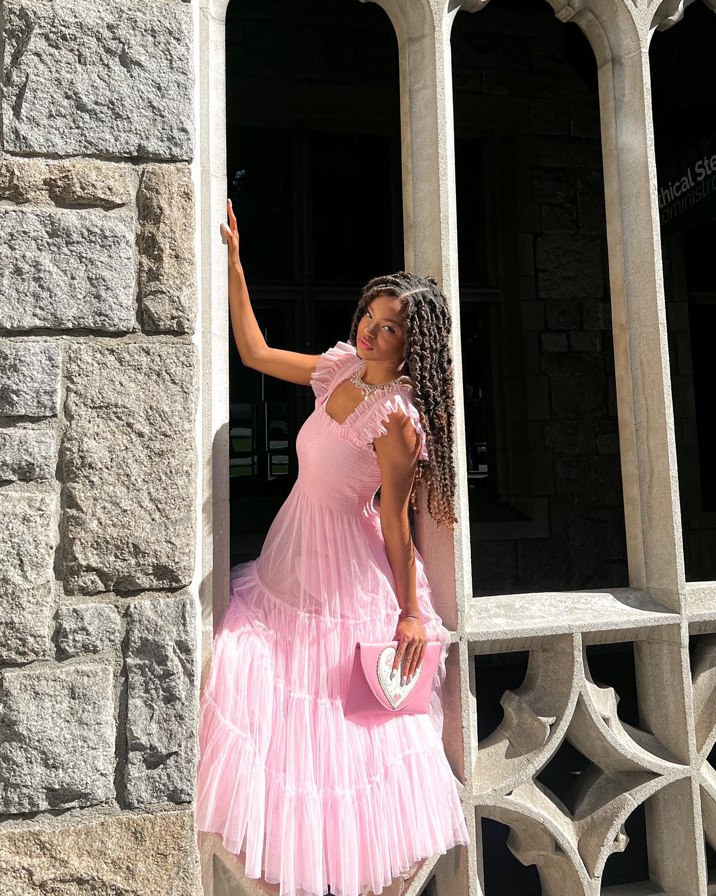 Pink Fairy Mesh Puffy Square Neck Long Dress