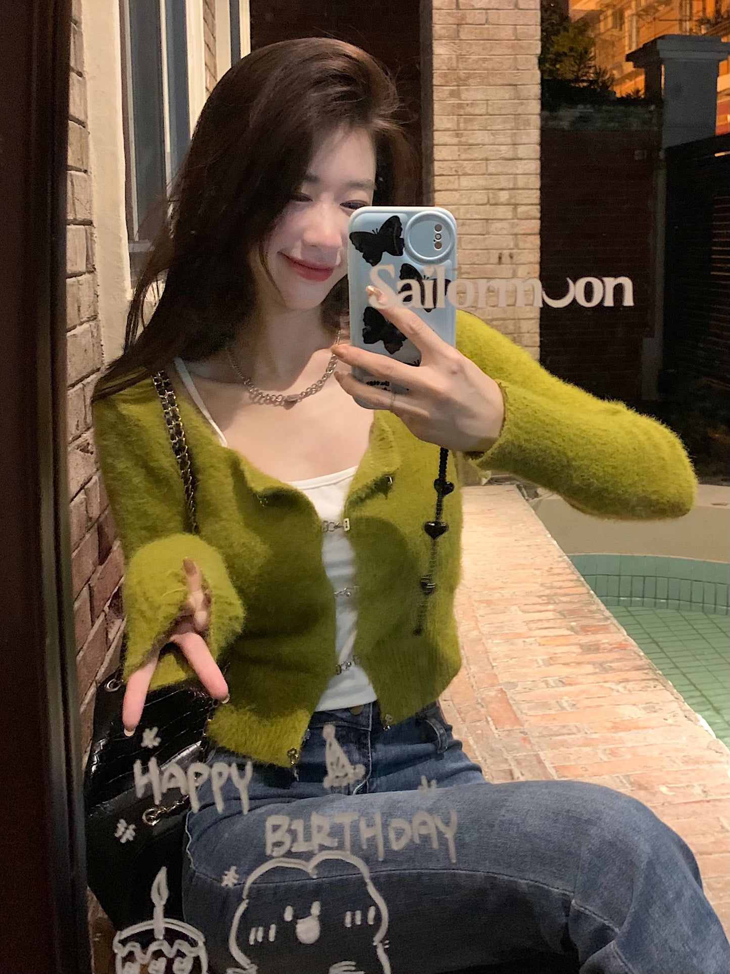 Fluffy Green Buckle Cropped Sweater
