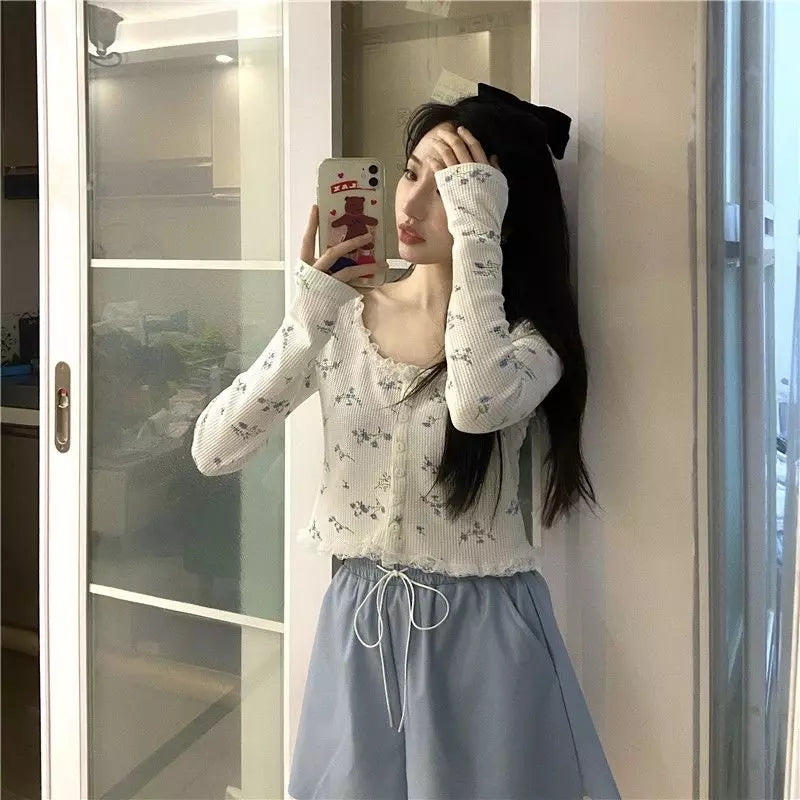 Sweet Floral Lace Chic Cardigan Patchwork Long Sleeve Shirt Crop Top Casual Summer E-Girl Kawaii Korean Japanese Harajuku